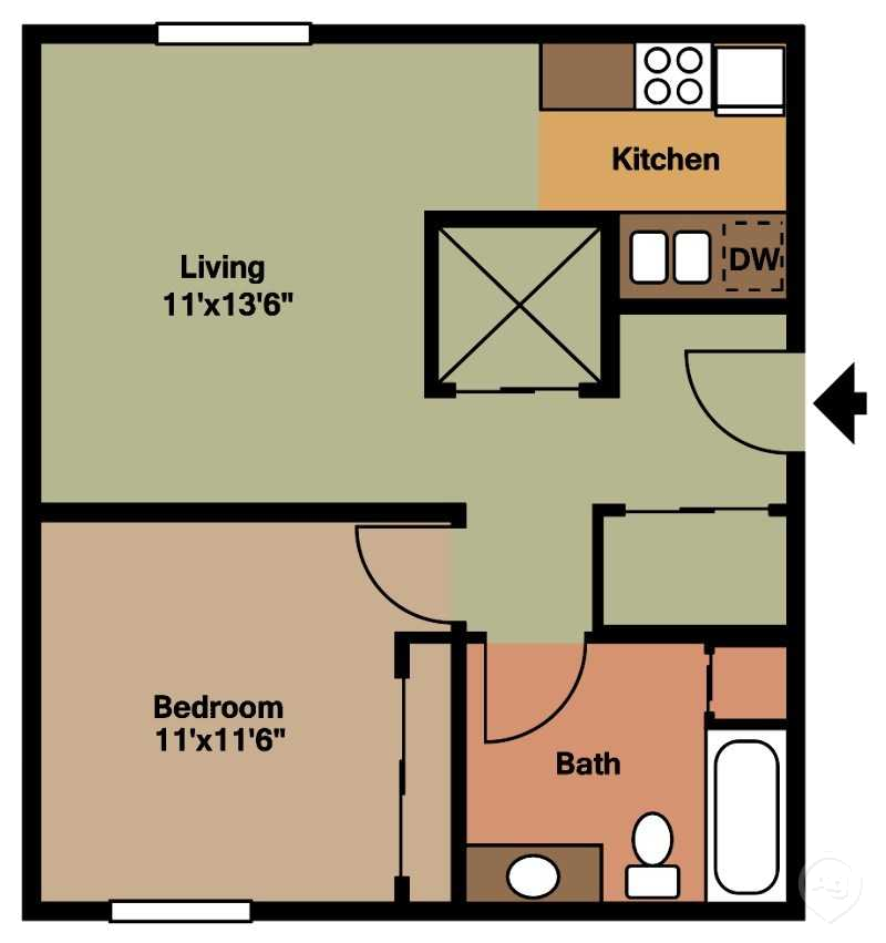 Floor plan for 1 bed, 1 bath, 650 sqft